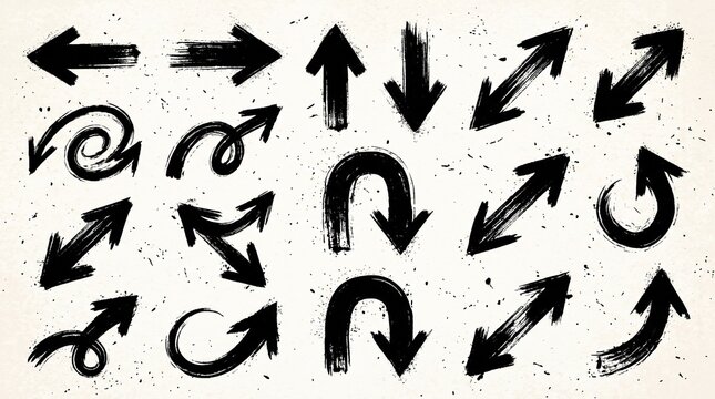 Bold black grunge arrow icon collection featuring left, right, up, down, diagonal, curved, and U-turn arrows with distressed textures, rugged edges, and dynamic vector style.