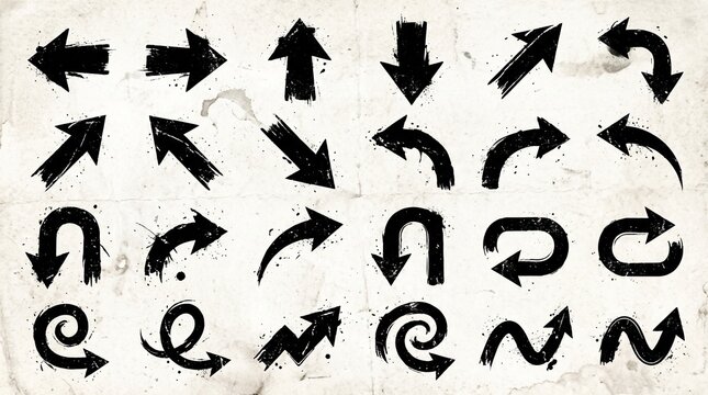 Bold black grunge arrow icon collection featuring left, right, up, down, diagonal, curved, and U-turn arrows with distressed textures, rugged edges, and dynamic vector style.