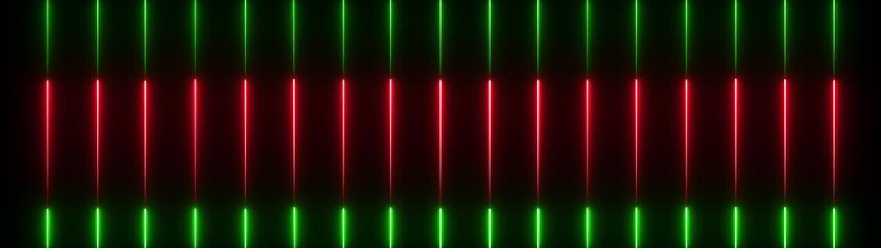 Neon lines glowing in green and red colors on a dark background, creating a futuristic pattern of vertical glowing bars for abstract backdrop.