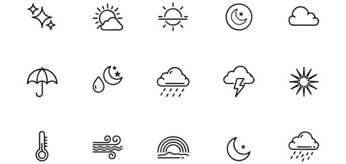 Fototapeta premium Minimalist weather forecast line icons set including sun clouds rain wind temperature and moon symbols for mobile applications and widgets