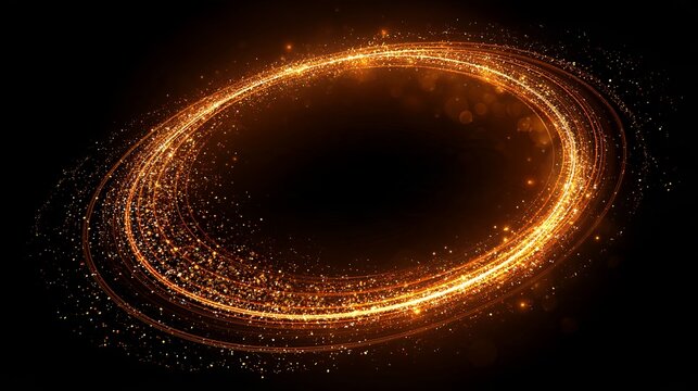 Golden glittering particles forming glowing oval frame. Golden glittering particles creating an elegant glowing elliptical vortex on a black background