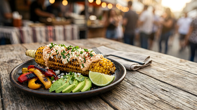 Freshness Concept Grilled Corn on the Cob with Avocado and Lime on a Wooden Table