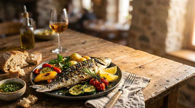 Healthy Nutrition Concept Grilled Fish with Roasted Vegetables Served on a Rustic Wooden Restaurant Table