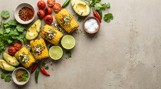 Healthy Nutrition Concept Featuring Grilled Corn on the Cob with Fresh Avocado and Lime Ingredients