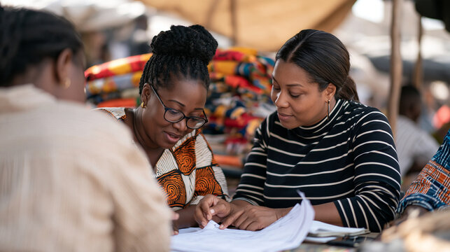 Ghanaian market trader discussing group lending circle terms with a microfinance officer under a shade canopy, each member's repayment share and interest cost written on a shared