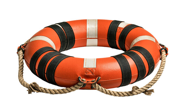 Bright orange circular lifebuoy with black straps and thick braided rope