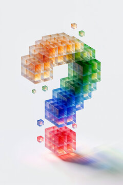 Glass Voxel Question Mark Symbol Made of Translucent Cubes Isolated on White Background