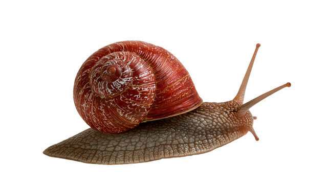 Brown garden snail with a textured reddish brown spiral shell