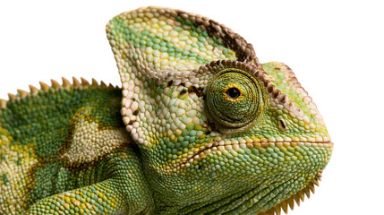 Veiled chameleon head close up with textured green and yellow skin scales © Sylas