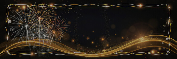 New Year banner with golden and silver fireworks, glowing gold waves, sparkling stars, snowflakes and festive light frame on black night background with large empty copy space for text and greetings © ale studio 