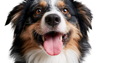 Obraz premium Close up portrait of a happy tricolor Australian Shepherd dog with open mouth