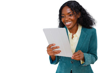 Young black woman smiling, holding a tablet for business, education, or communication, transparent background © Komora