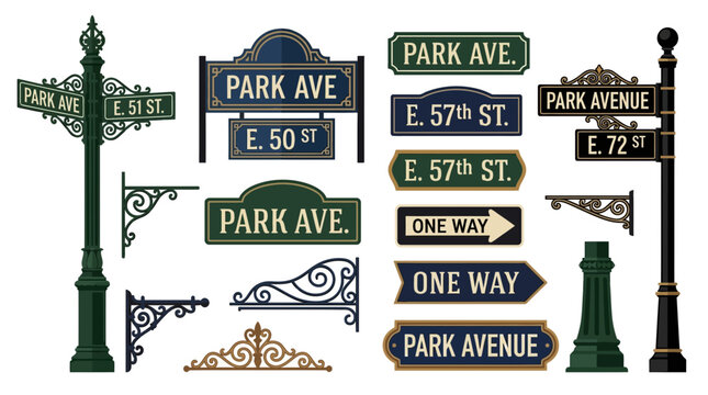 Vintage Decorative Street Signs and Ornate Metal Signage Elements Collection