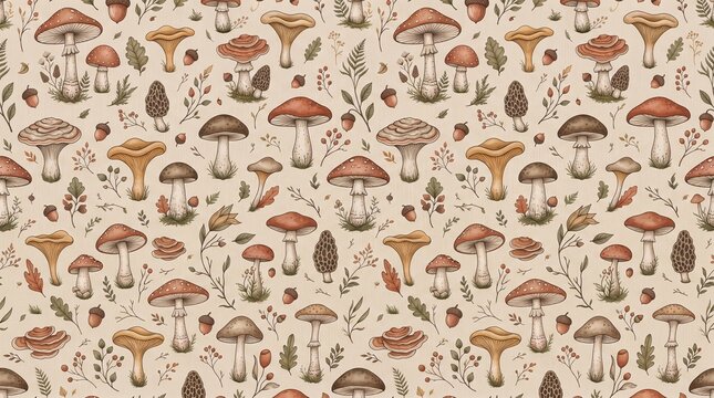Seamless woodland mushroom pattern with forest plants and acorns for
