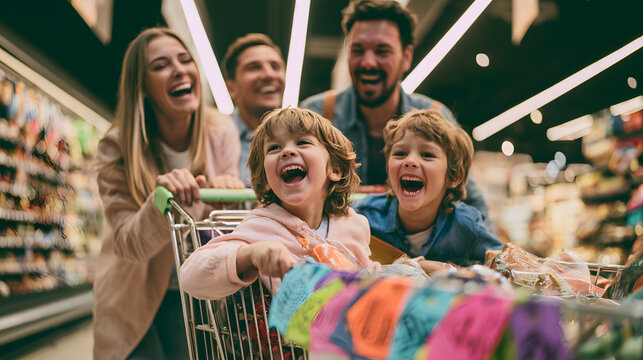 A joyful family is shopping with a cart at Discounts supermarket