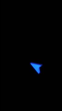 Bright blue pointer arrow glows black field, thin circular ring tip. This minimal computer cursor visual click prompts, software tutorials, website navigation, user interface demos digital callouts