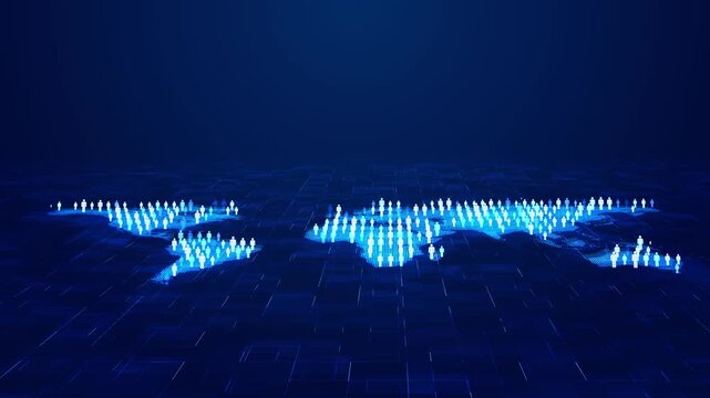 Rows of luminous person populate world map over deep blue technological grid, wide open space above. global teams, customer networks, digital communities, recruitment, outreach connected populations.