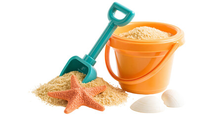 Orange plastic sand bucket with teal shovel and starfish on a pile of sand © Sylas