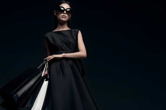 Fashionable woman in a black dress and sunglasses, along with shopping bags, stands on a backdrop of black. Another young woman, carrying black and white bags, poses for the camera. Deals, black Frida
