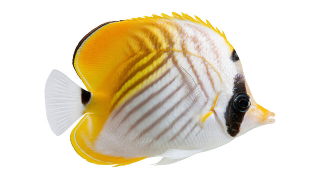 Yellow and white threadfin butterflyfish with black eye stripe and fins