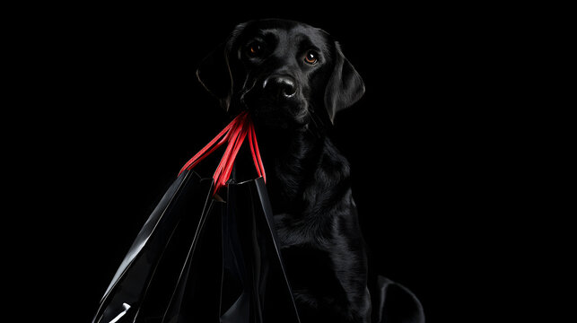 Black Labrador, sitting on a black background and holding shopping bags with red handles in its mouth, gazes at a Black Friday sale banner