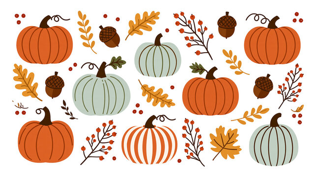 Orange and blue pumpkins with autumn leaves acorns, and berry branches set