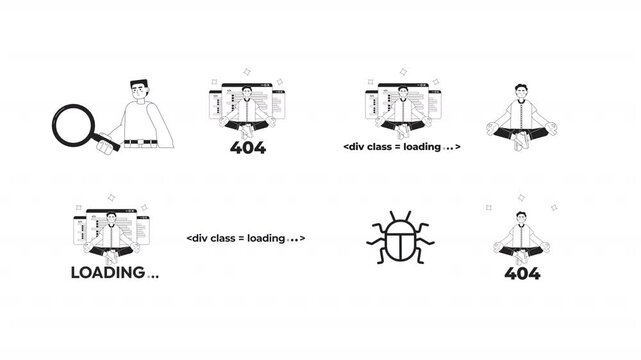 Website debugging and developer meditation loading black and white line animation pack. Bugs detection. 404 error programmer patience animated outline 4K video set on transparent background