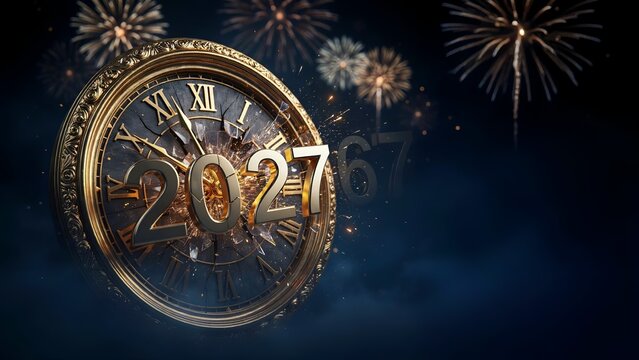 Golden 2027 New Year countdown clock, ornate vintage timepiece showing midnight, festive fireworks celebration background
