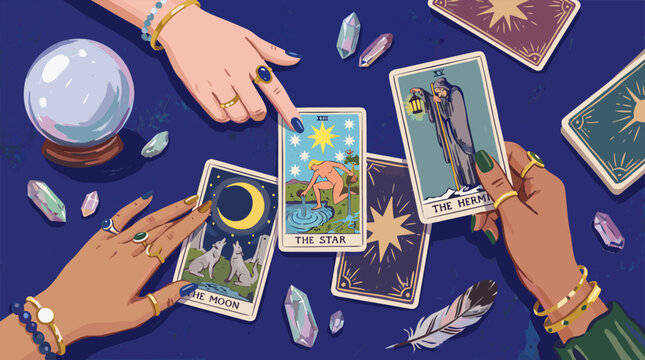 Tarot card reading with star moon hermit cards crystal ball crystals and fortune teller hands