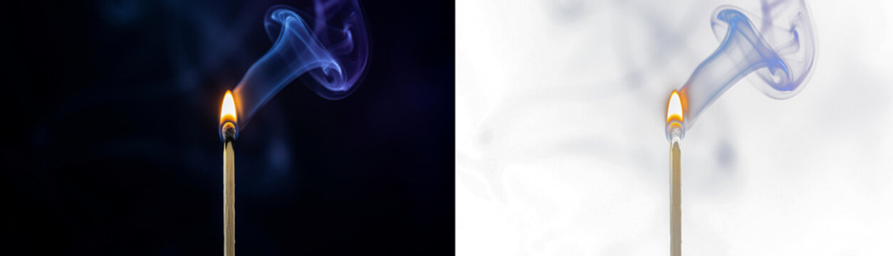 A burning matchstick with a bright flame and swirling blue smoke, presented in a splitscreen comparison against both dark and transparent backgrounds