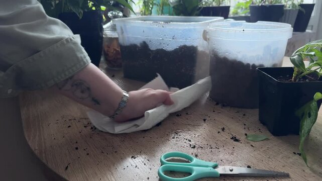 Person wiping soil and dirt from a wooden table with a paper towel after repotting houseplants, cleaning indoor gardening workspace beside containers of potting mix, horizontal video