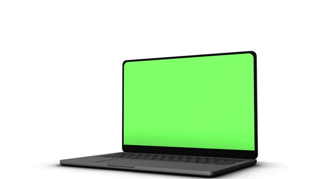 A slim black notebook computer rests open vivid green replacement display. Add a custom site, app, lesson, video call, sales page to the screen for a clean technology presentation commercial visual.