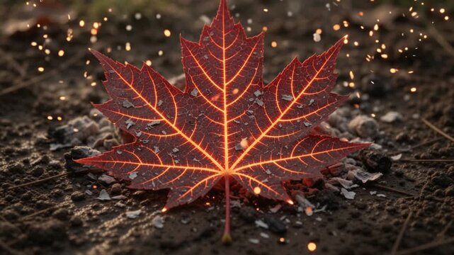 Glowing Embers and Sparks Transform into a Radiant Autumn Maple Leaf Over Charcoal Ashes in Macro Motion