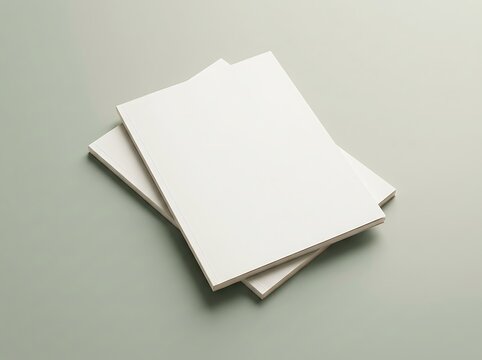 Two blank white paper notebooks stacked on a simple grey surface. minimalist ebook
