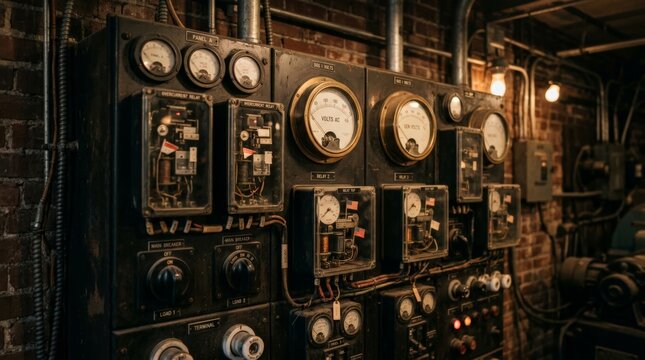 An industrial electrical control panel with vintage gauges, dials, and exposed wiring functions as a fuse box in a dimly lit brick basement setting with vintage equipment