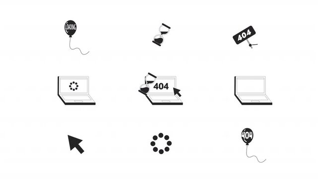 Buffering status and 404 error laptop black and white line animation pack. Balloon loading indicator. Hourglass state. Cursor arrow. Wait time animated outline 4K video set on transparent background