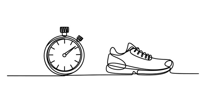 Continuous line drawing of a stopwatch and a running shoe representing fitness time and speed isolated on a white background isolated on transparent background