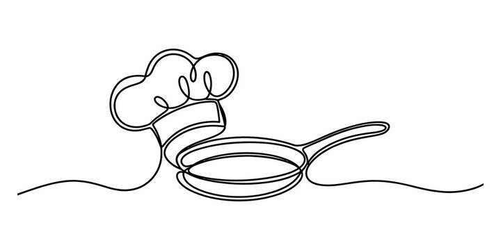 Continuous single line drawing of a chef hat and a frying pan isolated on transparent background