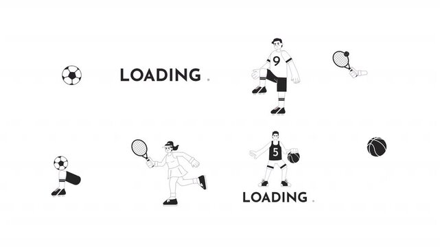 Ball sports loading black and white line animation pack. Basketball dribbling and tennis athlete with racket swinging. Soccer player juggling animated outline 4K video set on transparent background