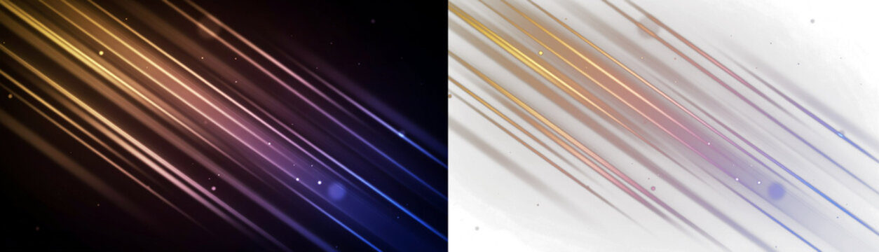 Abstract background with diagonal glowing light streaks and particles, featuring a split screen design with dark and light versions for versatile creative projects isolated on transparent background