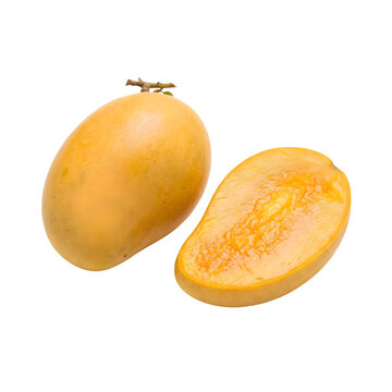 Ripe yellow mango fruit, whole and sliced half with juicy orange flesh, tropical healthy food, fresh exotic fruit, smooth skin texture, delicious ripe mango for desserts or fruit salads