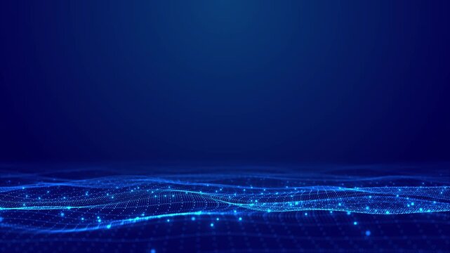 Fine luminous dots trace rolling surface beneath upper field. digital landscape support headline, logo, presentation message for cloud computing, research, analytics, artificial intelligence theme