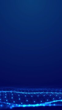 Glowing blue field of tiny points forms flowing waves lower screen. open space above provides room for titles or graphics in videos about data, artificial intelligence, technology, and connectivity.