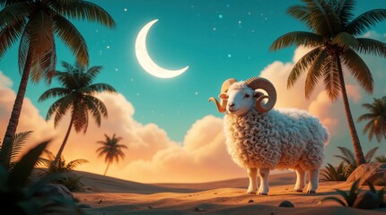 Fototapeta premium White ram stands on desert dunes under crescent moon. Tropical palm trees, soft clouds surround sheep in night sky. Eid al-Adha celebration concept with holy sheep, peaceful Islamic holiday