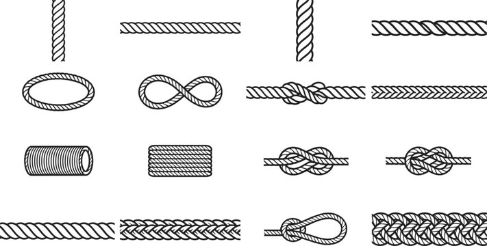 Nautical rope and cord knots vector elements collection set featuring marine lines loops borders braiding and twine strings