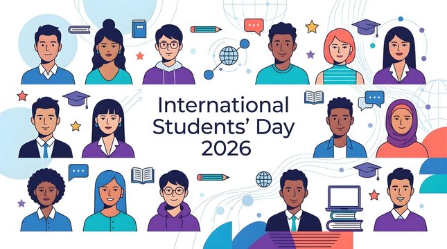 banner vector poster Grid set of diverse multicultural international  student avatars and avatars icons