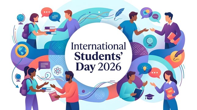 banner vector poster Diverse global international  students exchanging ideas around circular background