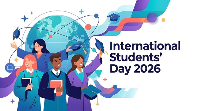banner vector poster Diverse international students celebrating and raising hands together