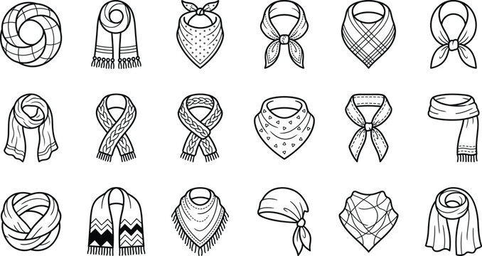 Scarf and bandana vector outline icons set featuring winter neckwear neckerchief handkerchief fashion accessories for clothing graphics design.