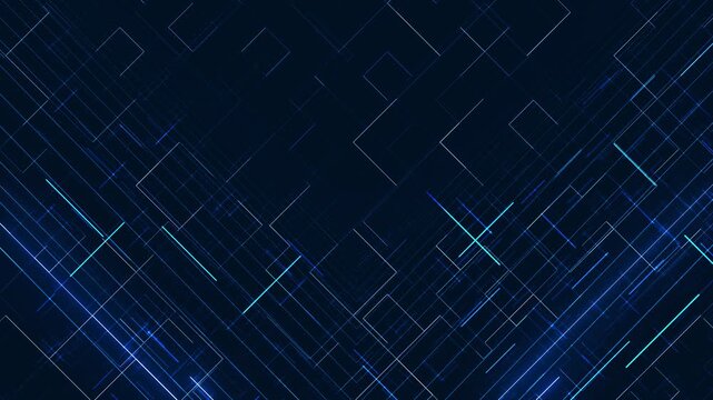 A layered network of fine rectangular paths stretches deep navy field. blue highlights and a clear middle area support a headline, product message, keynote slide, or modern business video graphic.